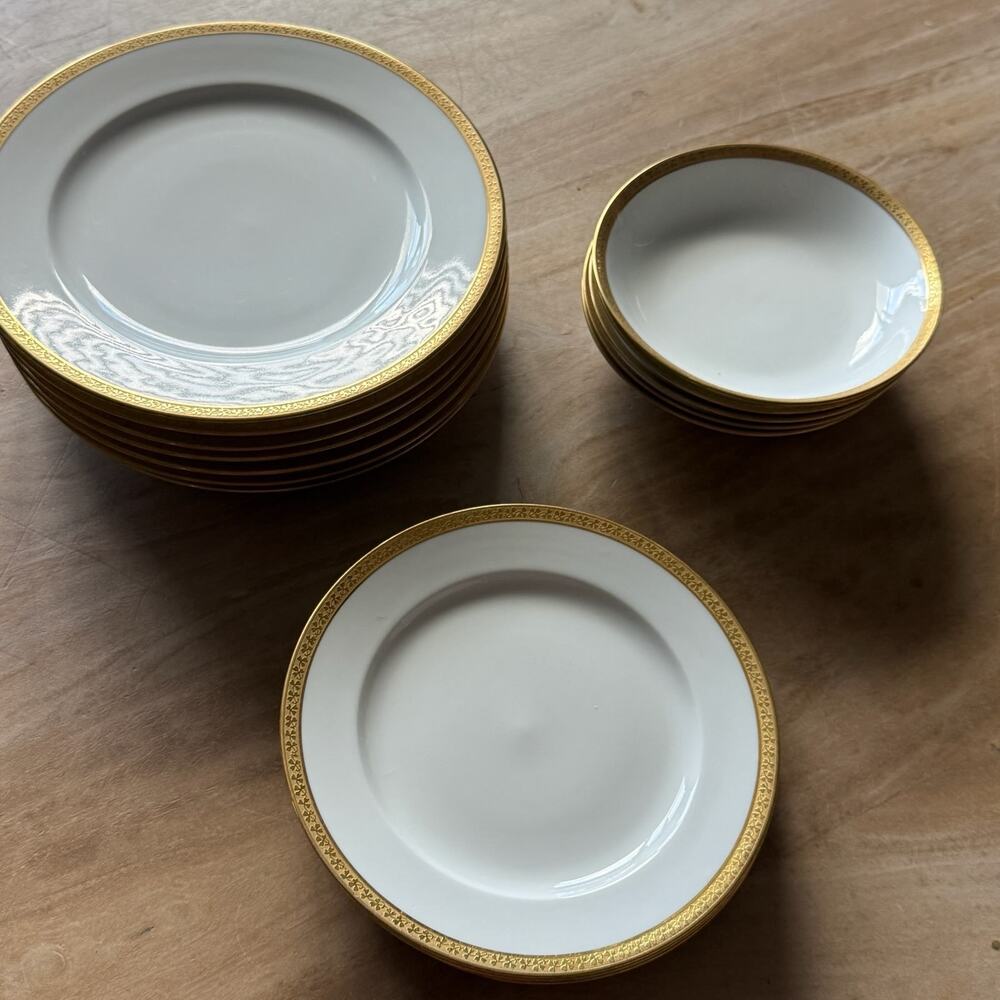 GDA Limoges France Gold Clover Rim Dinnerware Set 16pc Plates & Bowls Antique